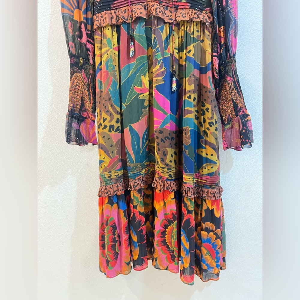 FARM RIO MIXED LEOPARDS JUNGLE LACE UP ROMANTIC MIDI DRESS - Picture 4 of 8